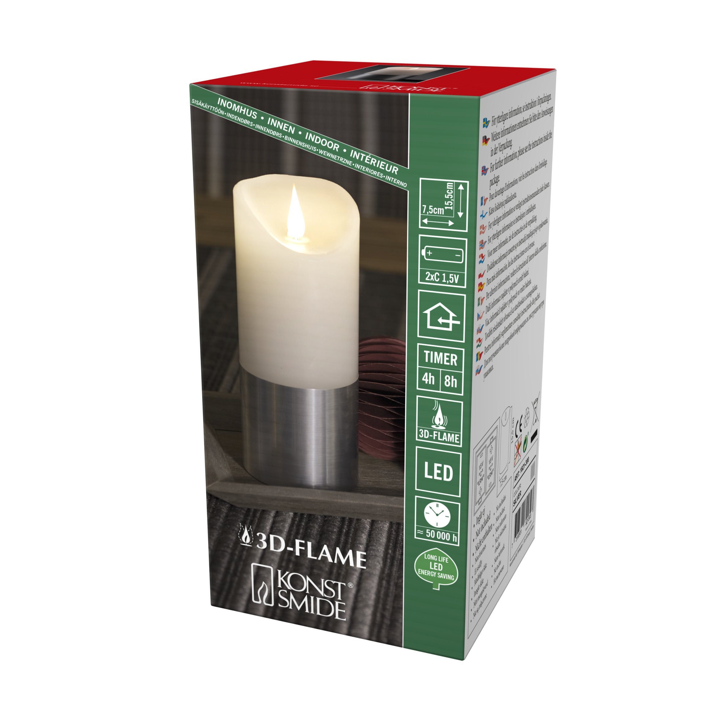 Konstsmide, 1821-300 LED Real Wax Candle, White, with Silver Banderole, 3D Flame, 4h and 8h Timer, Warm White Diode, Battery Operated, Indoor, 15.5 cm