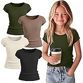 Oakgarden 4 Pack Girls Shirts Teen Cute Tops | Summer Ribbed T-shirts, Crew Neck Short Sleeve Tops, Kids Basic Fitted Tees, Trendy Clothes for School, Stretch Fabric, 5-14Y