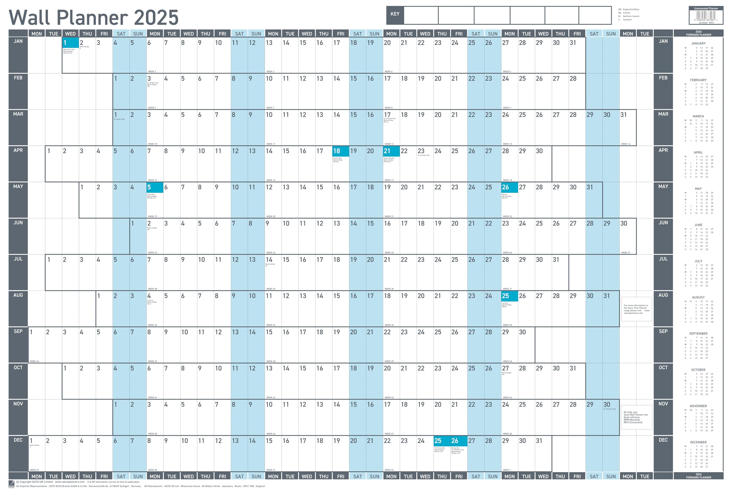 Sasco 2025 Value Yearly Wall Planner Set, Paper Whiteboard Style Dry Erase Calendar, Large Wall Planner, Poster Style Wall Chart, Blue, 915 x 610mm, 2410260