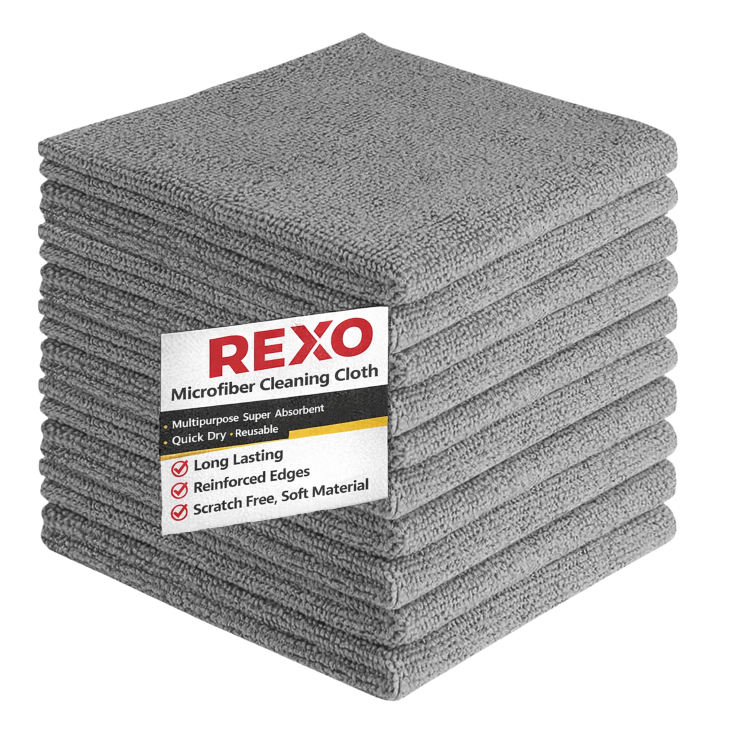REXO - Microfibre Cloth 30x30cm Pack Of 10 Lint Free And Streak Free Cleaning Cloths Wipes For Home Furniture Polish, Kitchen, Car Cleaning, Bathroom, Window, Glass, Mirror And More (Grey)