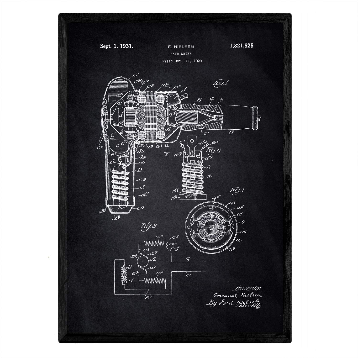 Nacnic Poster patent Hair dryer. Sheet with old design patent A3 size with black background