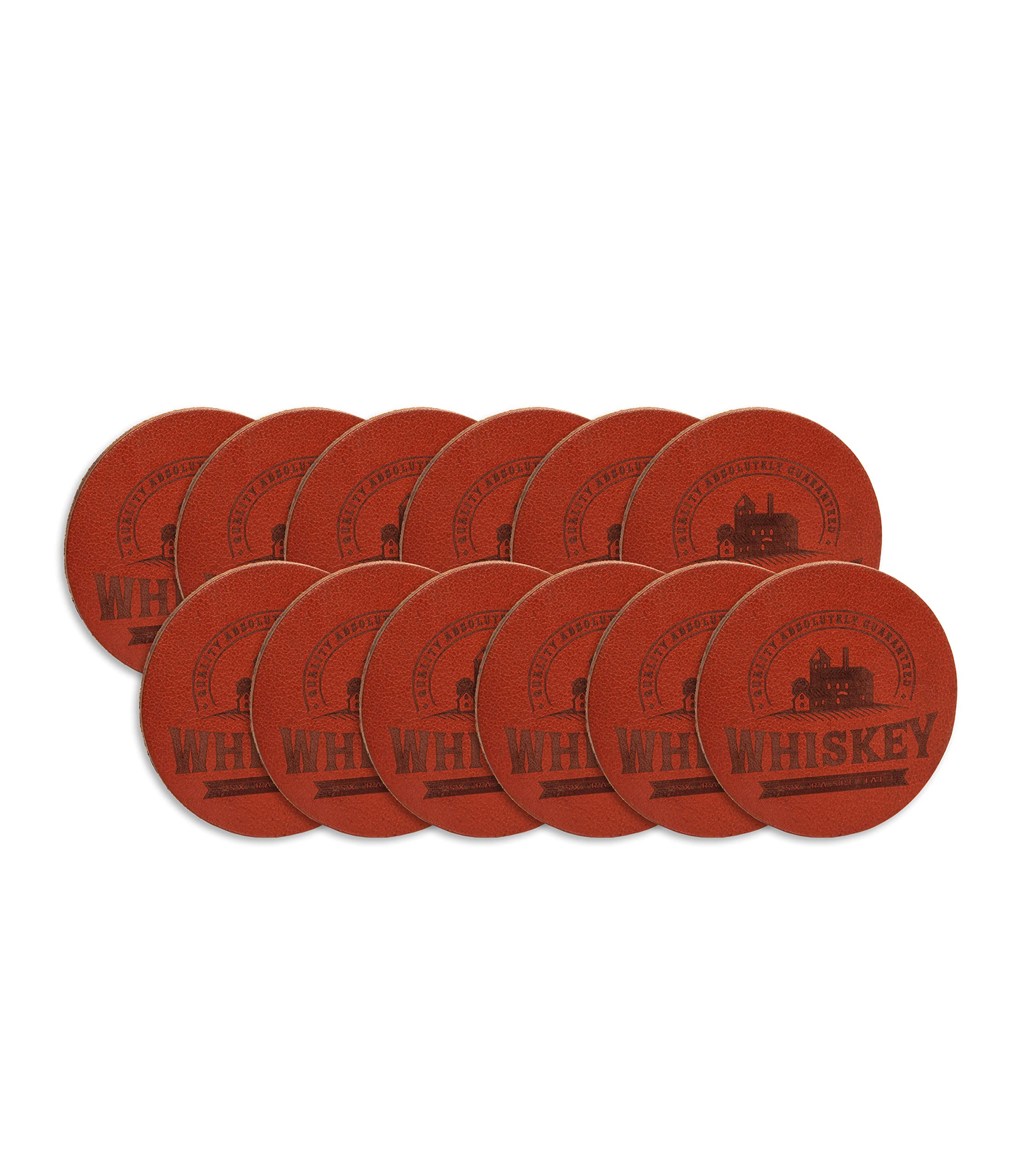 Full Grain Leather Coasters by C4B | Round, Ø 3.9 inch (10 cm) | Coaster Set for Glasses, Drip Mat Made From 100% Leather, Easy to Clean, Made in EU, 12 pieces (whisky/brown)