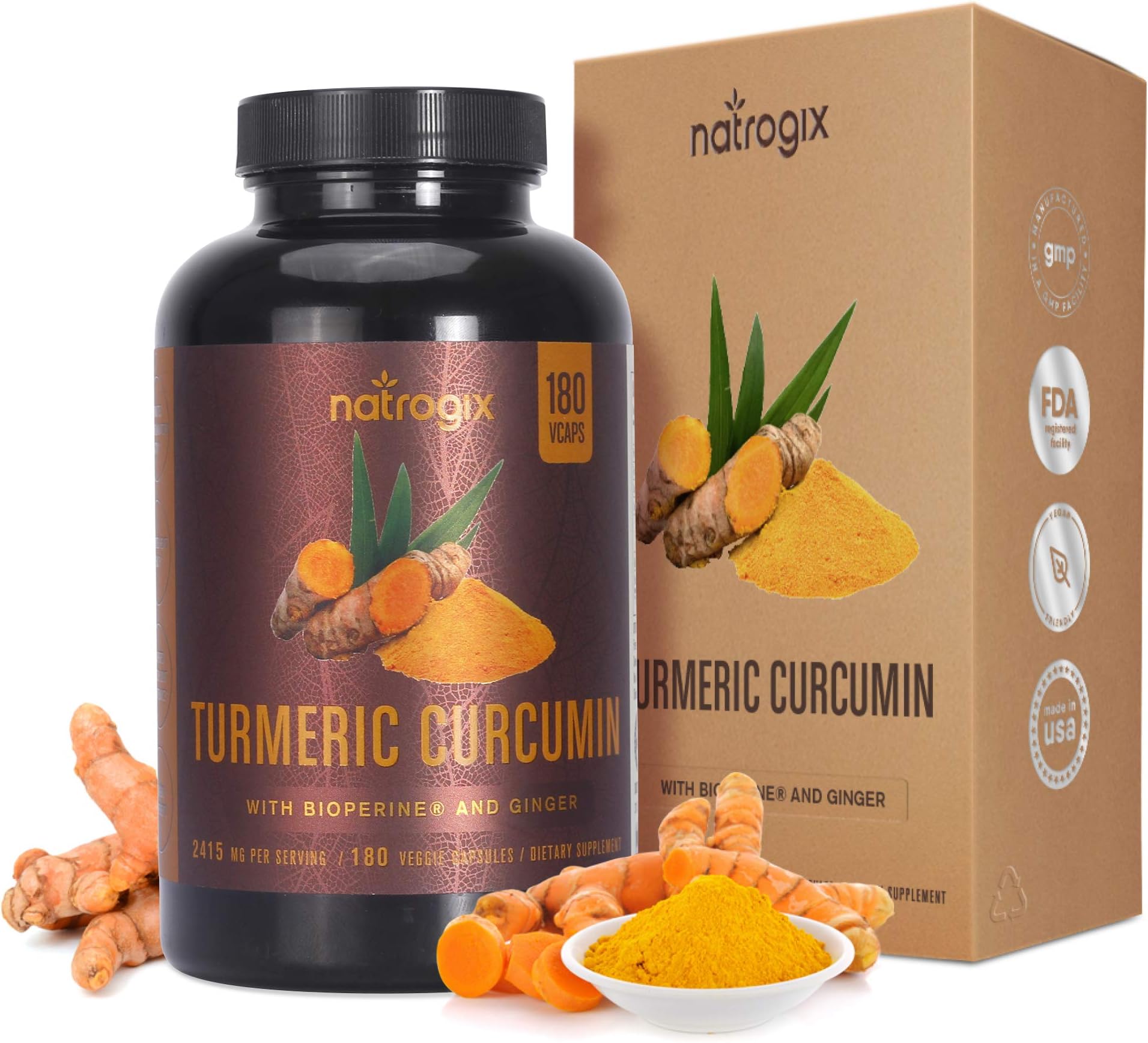 Turmeric Curcumin Highest Potency 95% Standardized Curcuminoids 2415mg with Bioperine and Black Pepper for Best Absorption, Made in USA, 180 Capsules,Best Joint Pain Relief