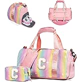 Vogewood Gifts for 3 4 5 6 7 8 9 Year Old Girls-Girl Gym Bag with Shoe Compartment, Kid Personalized Weekender Overnight Bags, Initial Travel Tote with Makeup Pouch, Easter Gift for Teen (Letter C)