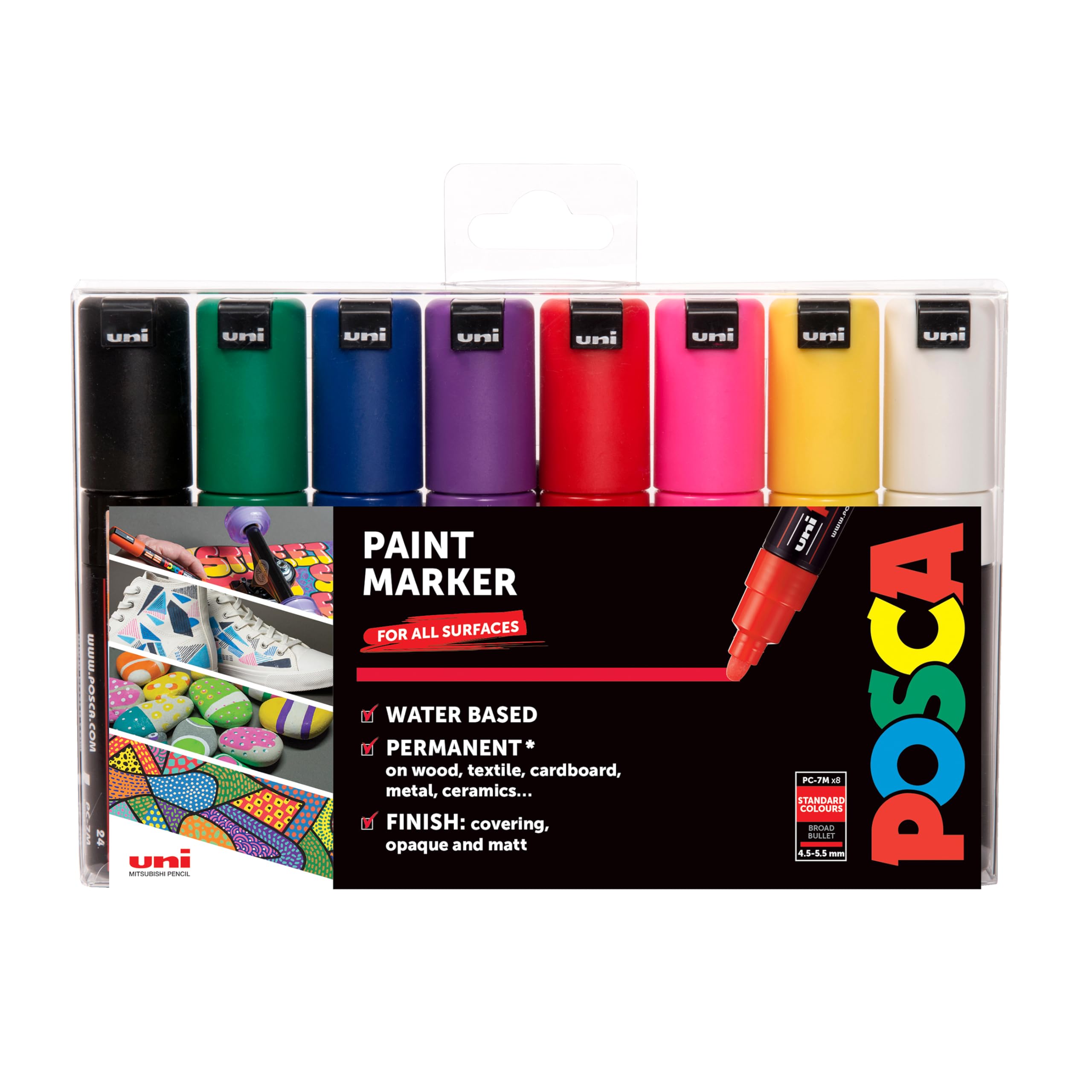POSCA PC-7M Permanent Marker Paint Pens. Broad Bullet Tip for Art & Crafts. Multi Surface Use On Wood Metal Paper Canvas Cardboard Glass Fabric Ceramic Rock Pebble Stone Porcelain. Set of 8 Colours