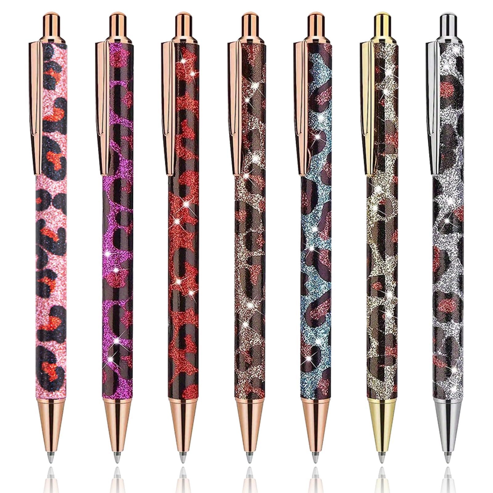 Bling Metal Pens 7Pcs Leopard Print Metals Pens Bling Sparkly Metals Ballpoint Retractable Ballpoint Pens Black Ink Click Ballpoint Pens for Students Adult, Children, School, Office, Home, Drawing