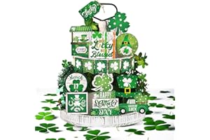 Nitial 17 Pcs St. Patrick's Day Tiered Tray Decor Saint Patrick's Day Shamrock Wood Sign Green Gnome Truck Tiered Tray Set for St. Patrick's Day Home Party Table Decor