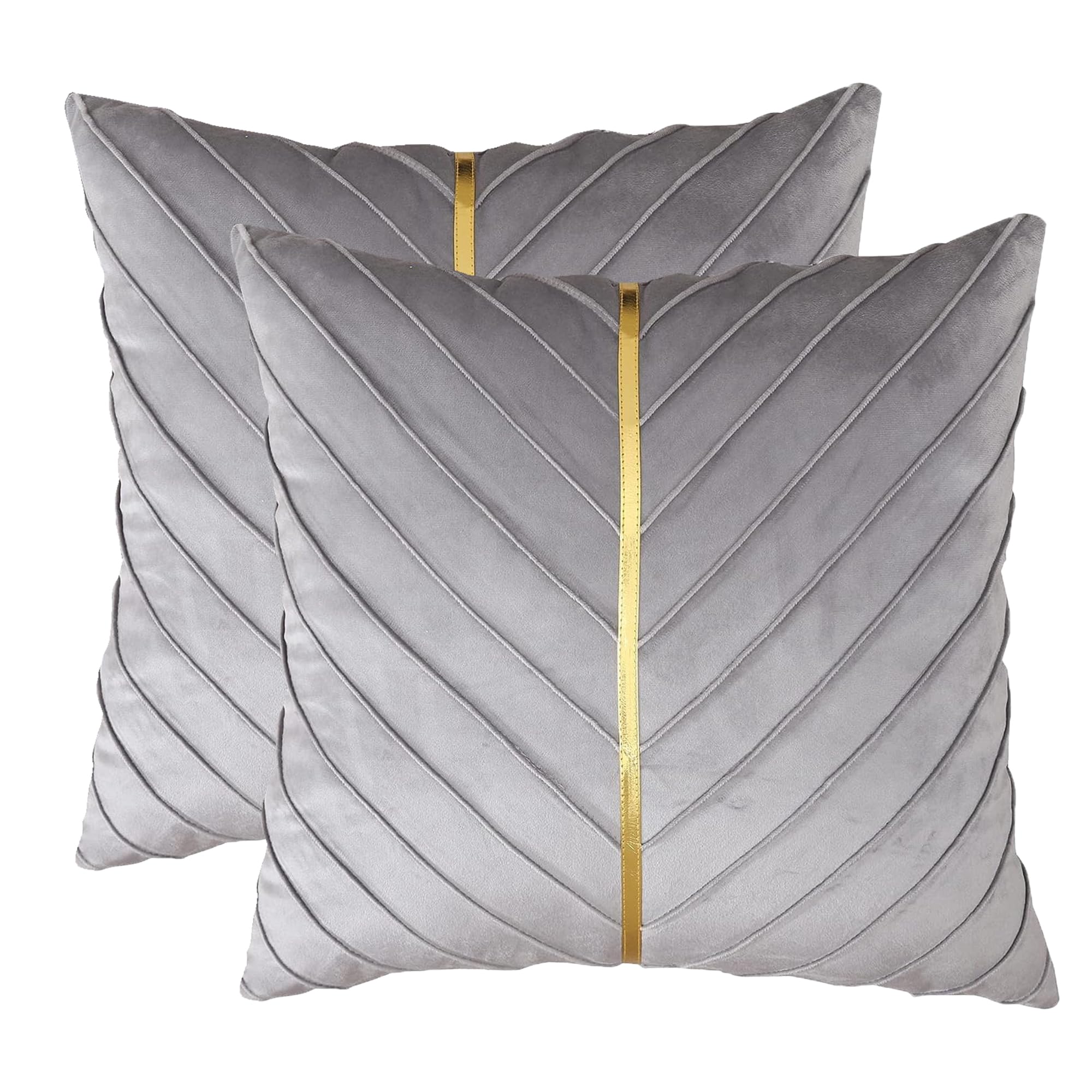 Tosleo Gray Velvet Throw Pillow Covers 18x18 inch Pack of 2 with Gold Leather Decorative Couch Pillowcases Luxury Modern Pillow Cases for Living Room Bedroom Sofa Cushion Bed 45 x 45 cm
