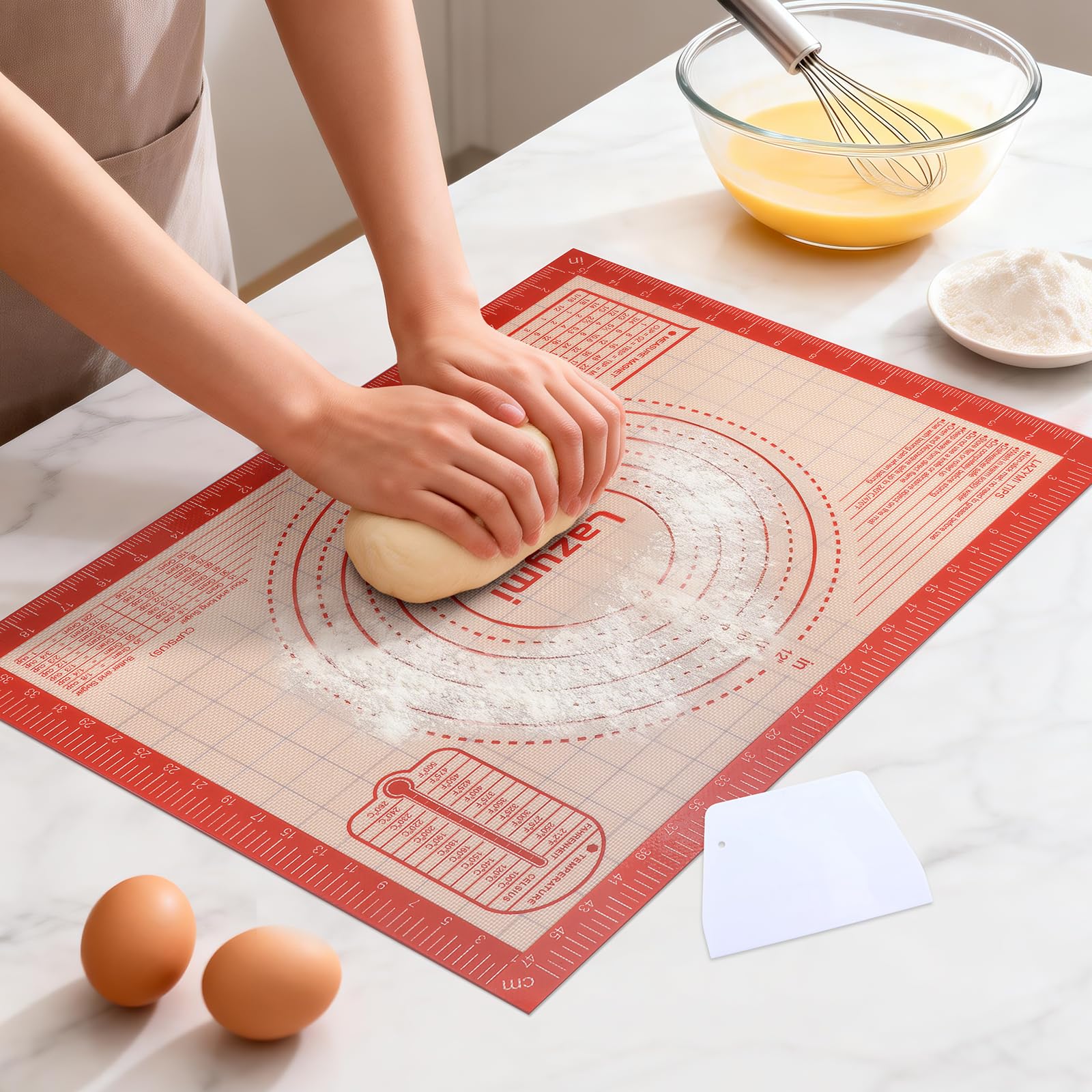 Lazymi Thick Silicone Baking Mat: 40 x 50cm Non Stick Pastry Rolling Mat with Measurement, Non-Slip Silicon Dough Kneading Mat, Silicone Baking Sheet for Pie/Cake/Pizza/Fondant Icing (Red+Scraper)