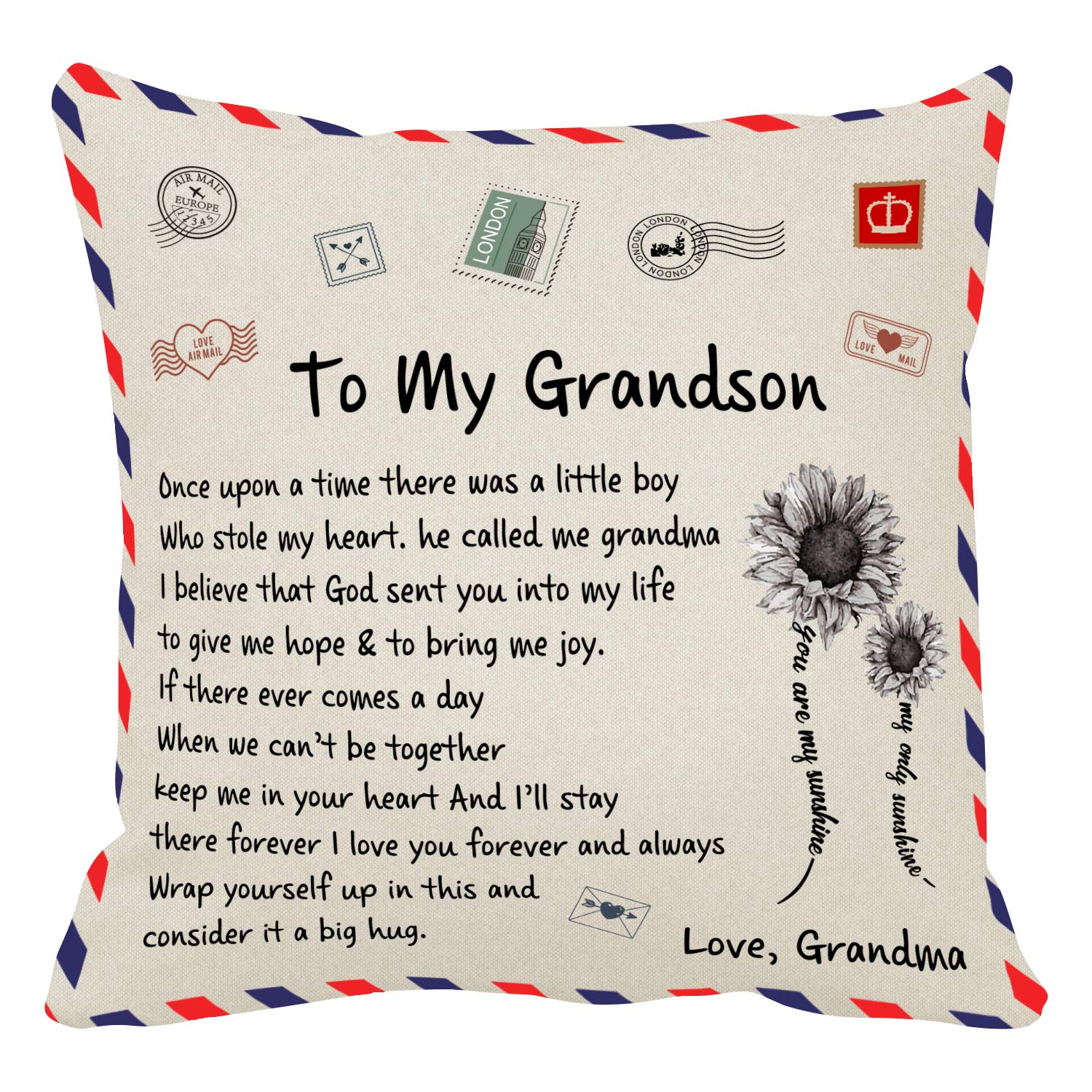 Kenon Personalized Pillow Covers to My Grandson Gift Form Grandma Chrismas Birthday Soft Solid Decorative Square Throw Pillow Covers Set Cushion Case for Sofa Bedroom Car