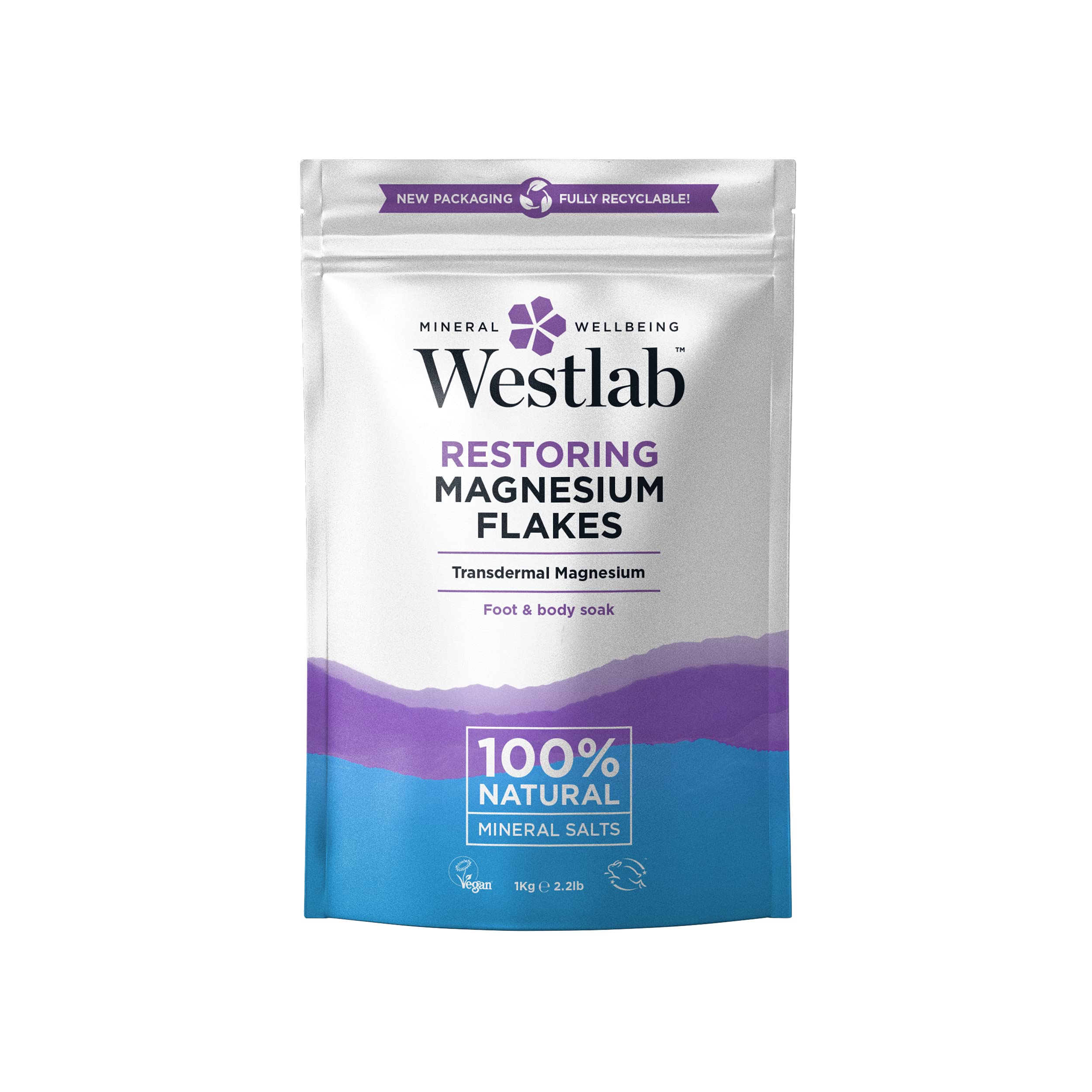 Westlab - Restoring Magnesium Flakes - 1kg Resealable Pouch - 100% Natural, Pure & Unscented Mineral Salts - Magnesium Chloride Foot & Body Soak
