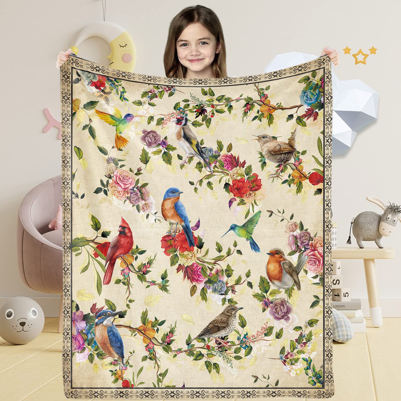 Watercolor Birds Throw Blanket Gifts for Girls, Vintage Beige Cardinals Hummingbirds Soft Cozy Plush Flannel Blanket for Kids Bedroom, 100 x 130 cm Birds Fleece Fluffy Blanket for Women Couch Bed Sofa — image 1