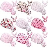 9 Sets Working Caps with Scrunchies for Women Bulk Coquette Pink Satin Lined Scrub Cap with Buttons Ribbon Tie Adjustable Elastic Bouffant Nursing Surgical Hat Ponytail Holder Valentines Gift