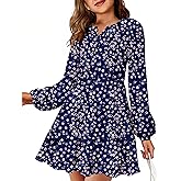 HOSIKA Girls Fall Floral Dress Long Sleeve V Neck Elastic Waist Pleated Holiday Party Midi Dresses for 6-12 Years