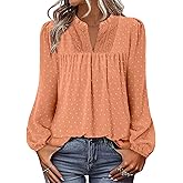 BETTE BOUTIK Women Boho Long Sleeve Shirts Dressy Casual V Neck Fall Fashion Tops Swiss Dot Flowy Blouses