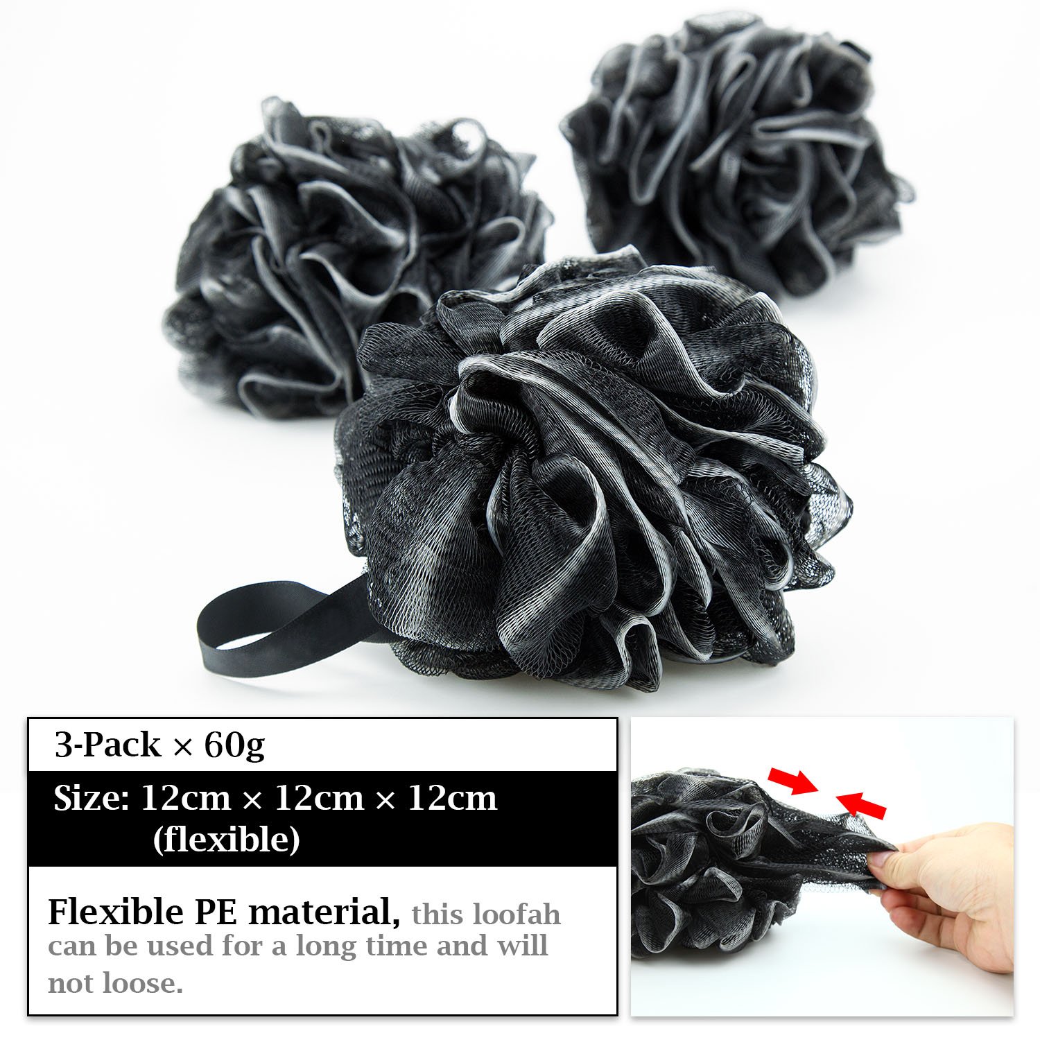 Bath Loofahs Sponge Shower Pouf Body Scrubber Ball Mesh Pouf Bath Sponge 3 Pack: Beauty