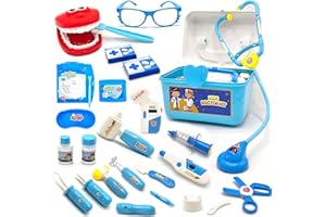 Momo's Den Doctor Kit for Toddlers 3-5 | 25 Piece | Kids Doctors Play Set Includes Complete Dentist Play Set, Name Tag, Doctor Book, Kids Stethoscope, Pulse Meter, Thermometer, and More for 3+ Age
