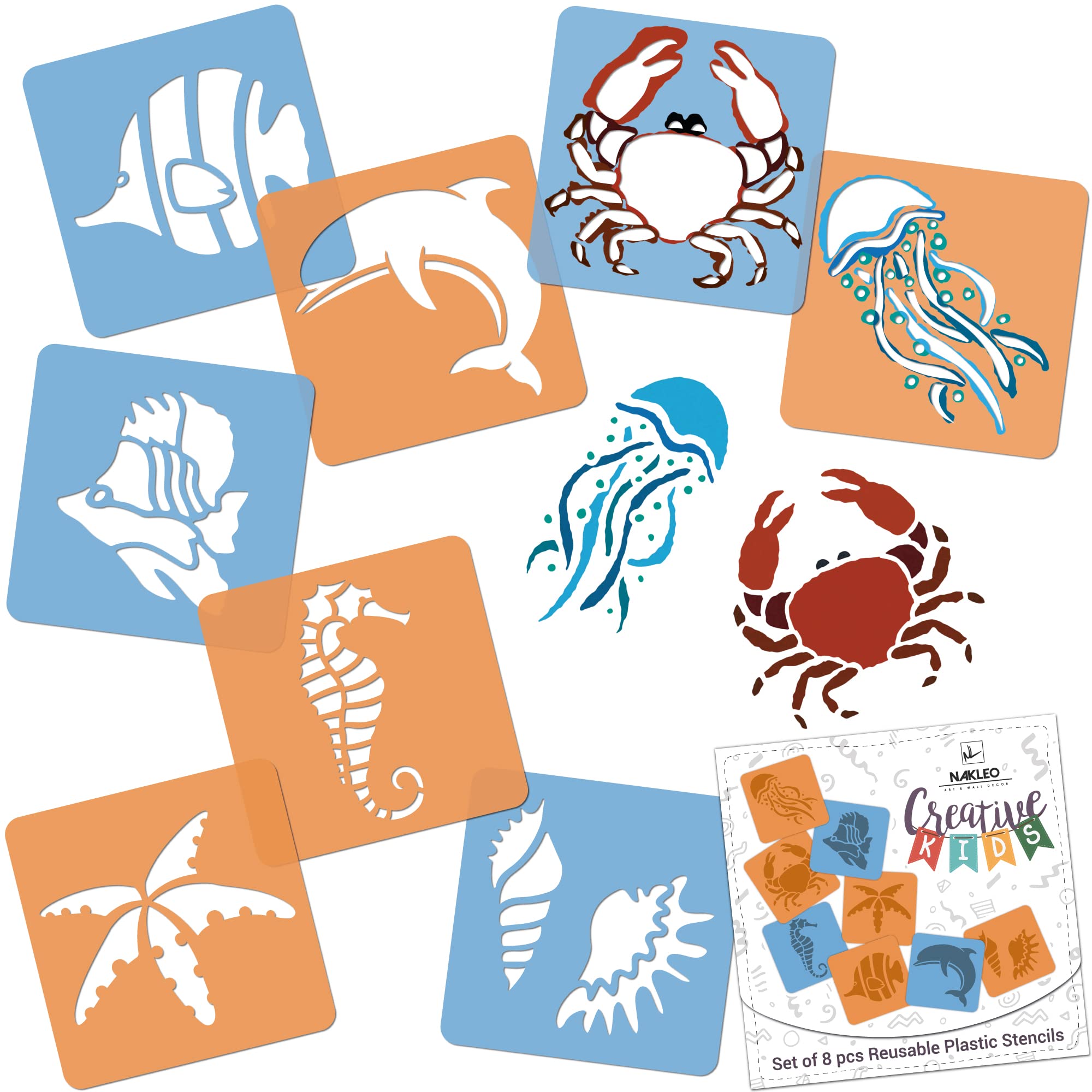 NAKLEO Painting Stencils for Kids, 8 Pcs Set 15x15cm Sea Animals, Children Creative Drawing Templates Plastic and Reusable, DIY Decoration Arts and Crafts, Paper Wall Wood Fabric