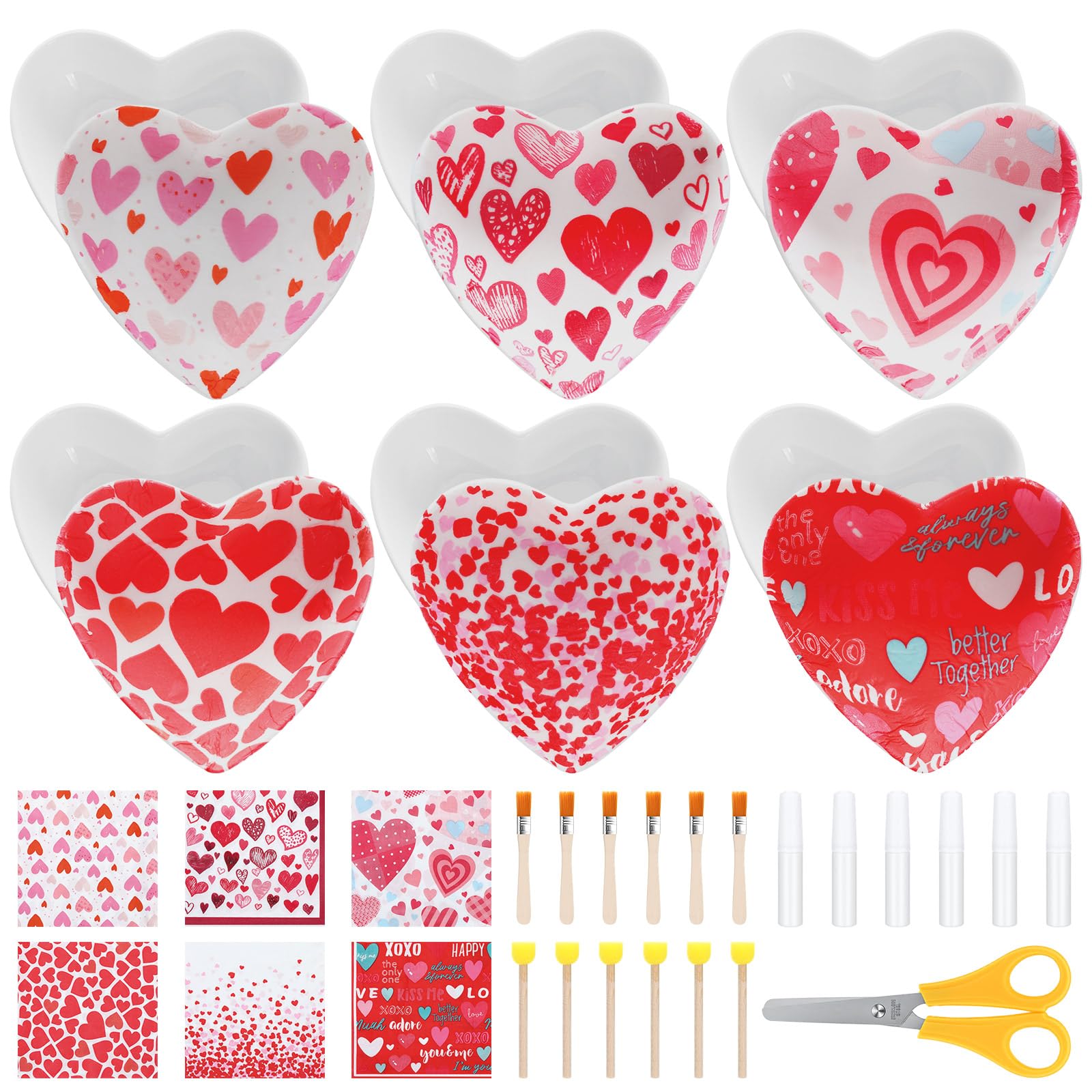 Photo 1 of LemonSecret 6 Set DIY Valentine's Day Decoupage Kit Crafts Ceramic Heart Jewelry Tray Unpainted Ceramics Ring Dish with Decoupage Napkins Glue Brush for Valentine Galentine's Night Mother's Day Crafts