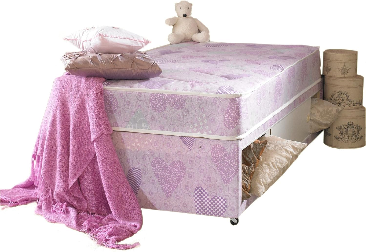 Pink Princess Single Divan Bed Set (Base And Mattress) With Slider