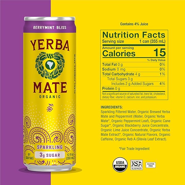 GUAYAKÍ YERBA MATE, ORGANIC SPARKLING ENERGY DRINK ALTERNATIVE, BERRYMINT BLISS, LOW SUGAR, 80MG NATURAL CAFFEINE, SMOOTH ENERGY & FOCUS, CARBONATED, 12 OZ (PACK OF 12) (PACKAGING MAY VARY)