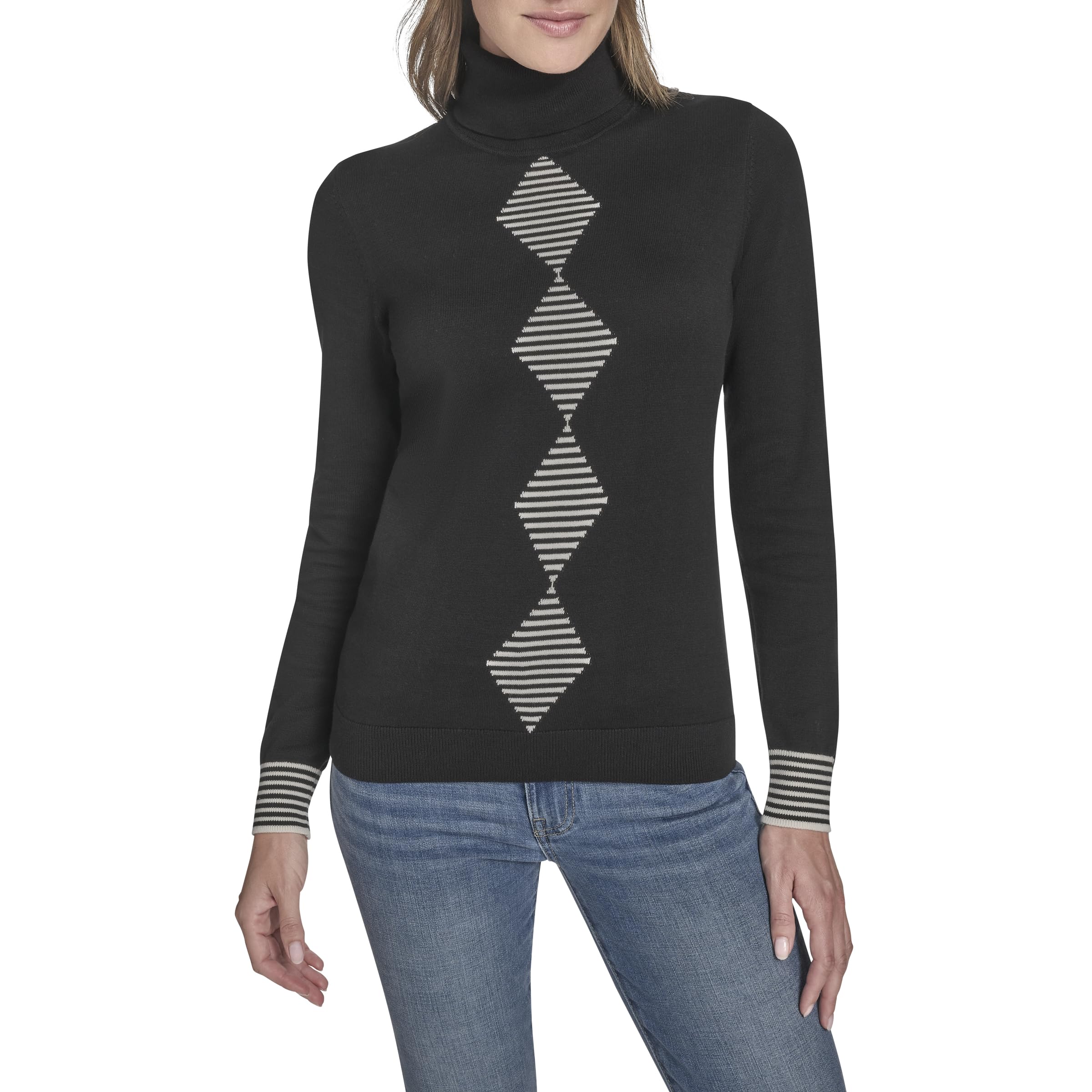 Tommy Hilfiger Women’s Sportswear Long Sleeve Turtleneck Sweater, Black/Ivory Argyle, X-Small