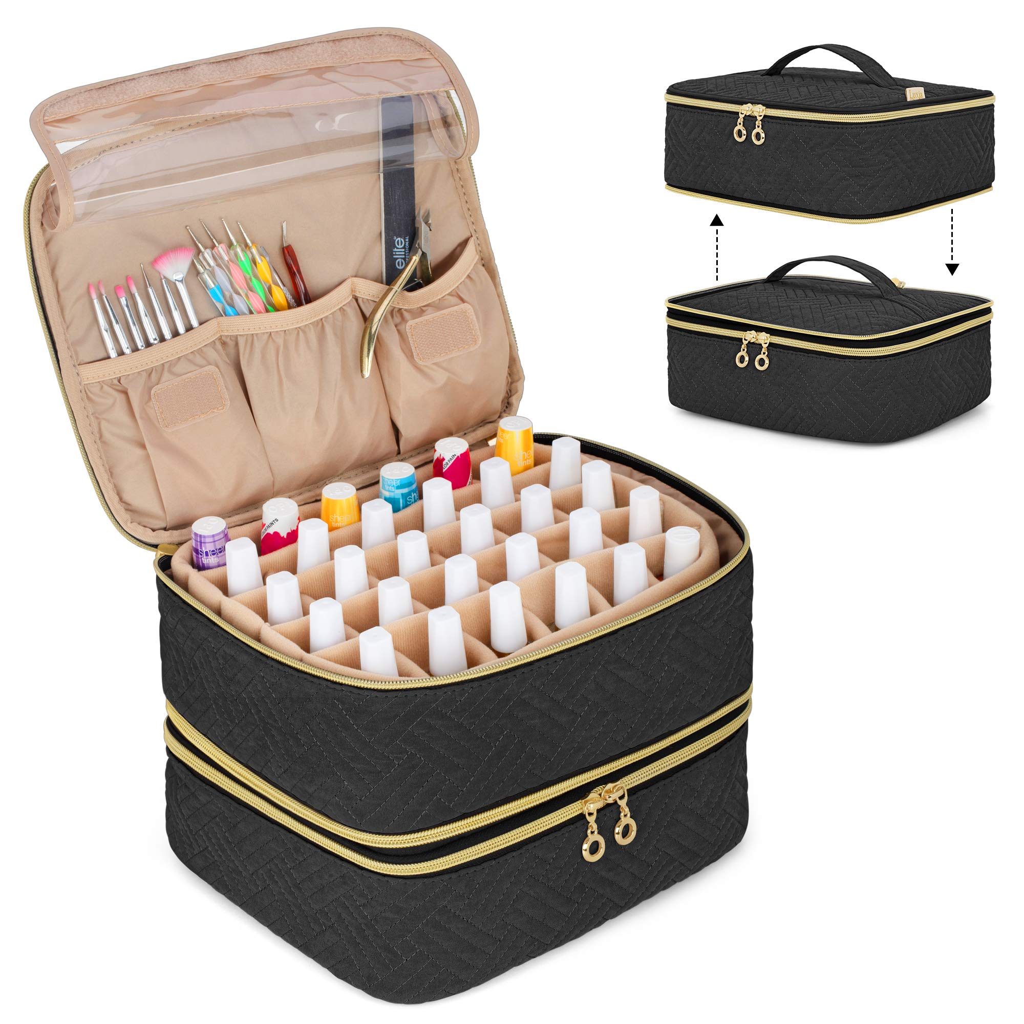 Luxja Nail Polish Organiser Case, Detachable 2 Layers Nail Varnish Case - Hold 60 Bottles (15ml - 0.5 fl.oz), Nail Varnish Storage Bag (Patented Design), Black