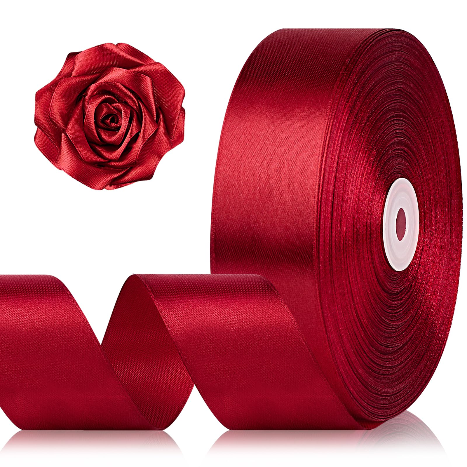 Photo 1 of 1-1/2 Inch 100 Yards Wine Red Satin Ribbon, Burgundy Solid Fabric Ribbon Roll for Flower Bouquet, Gift Wrapping, Roses Making, Handmade Crafts