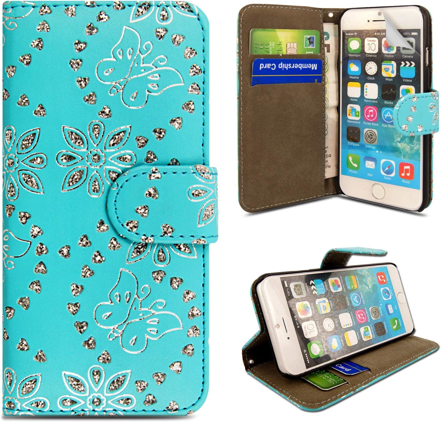 for iPhone 6 / 6S Case, Glitter Leather Wallet Flip Case Cover with Screen Protector for Apple iPhone 6S / iPhone 6 (Butterfly Skyblue Diamond)