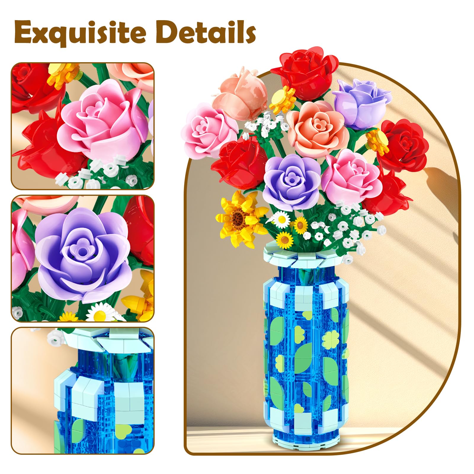 CUBIMANA Rosen-Blumen-Bausatz mit Vase und LED-Licht, 16 Mini-Blumensträuße, botanisches Bausteinspielzeug für Erwachsene, Muttertagsgeschenk, künstliche Blumen als Heimdekoration und Ausstellung 5