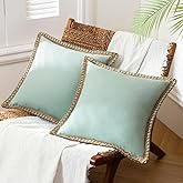 Phantoscope Pack of 2 Farmhouse Decorative Throw Pillow Covers,Solid pattern for home Burlap Linen Trimmed Tailored Edges Light Turquoise 18 x 18 inches, 45 x 45 cm