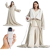 Bedsure Wearable Heated Blanket with Foot Pocket - Electric Snuggle Blanket for Adult with Sleeves, Winter Gifts for Mom Women Girlfriend, Warm Sherpa Heating Throw, Auto Shut Off, 50 x 71+18", Cream
