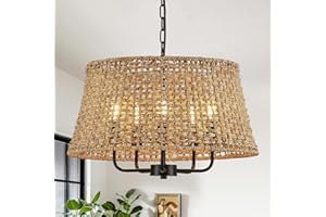 YOMECOO Hand-Woven Rattan Chandelier Vintage Farmhouse Boho Bamboo Chandeliers Light Fixture Retro Drum Wicker Rattan Black Chandelier for Dining Room, Kitchen, Living Room
