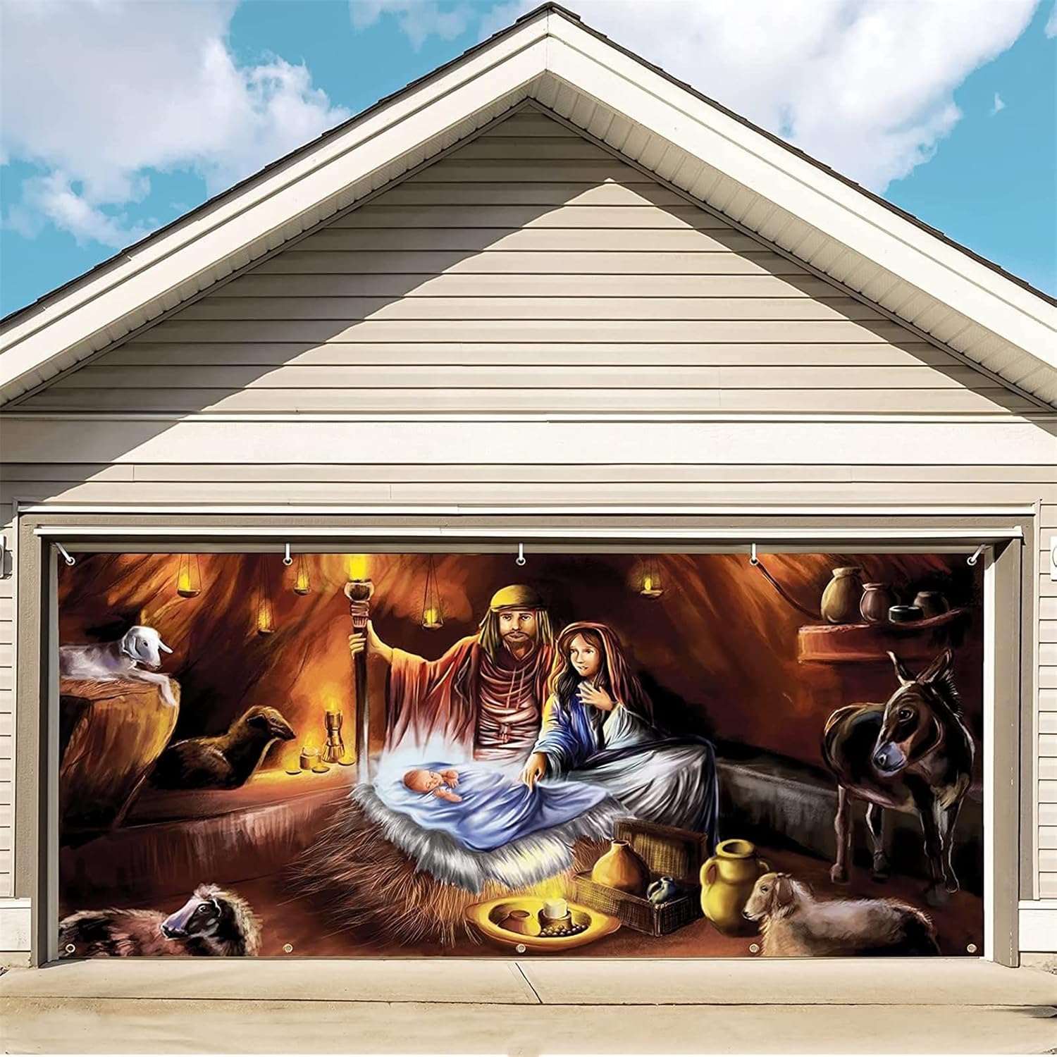 Garage Door Decorations - Christmas Garage Door Banner Decorations, 7 x 16 ft Christmas Large Hanging Jesus Snowman Santa Garage Backdrop Cover Murals Indoor Outdoor Merry Christmas Party Background Home Wall Decor (A)