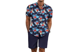 COOFANDY Men's 2 Piece Summer Beach Outfits Tropical Short Sleeve Button Down Shirts and Shorts Hawaiian Vacation Sets