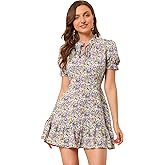 Allegra K Women's Ruffle Dress 2023 Summer Chiffon Tie Neck Puff Short Sleeve Floral Smock Dress