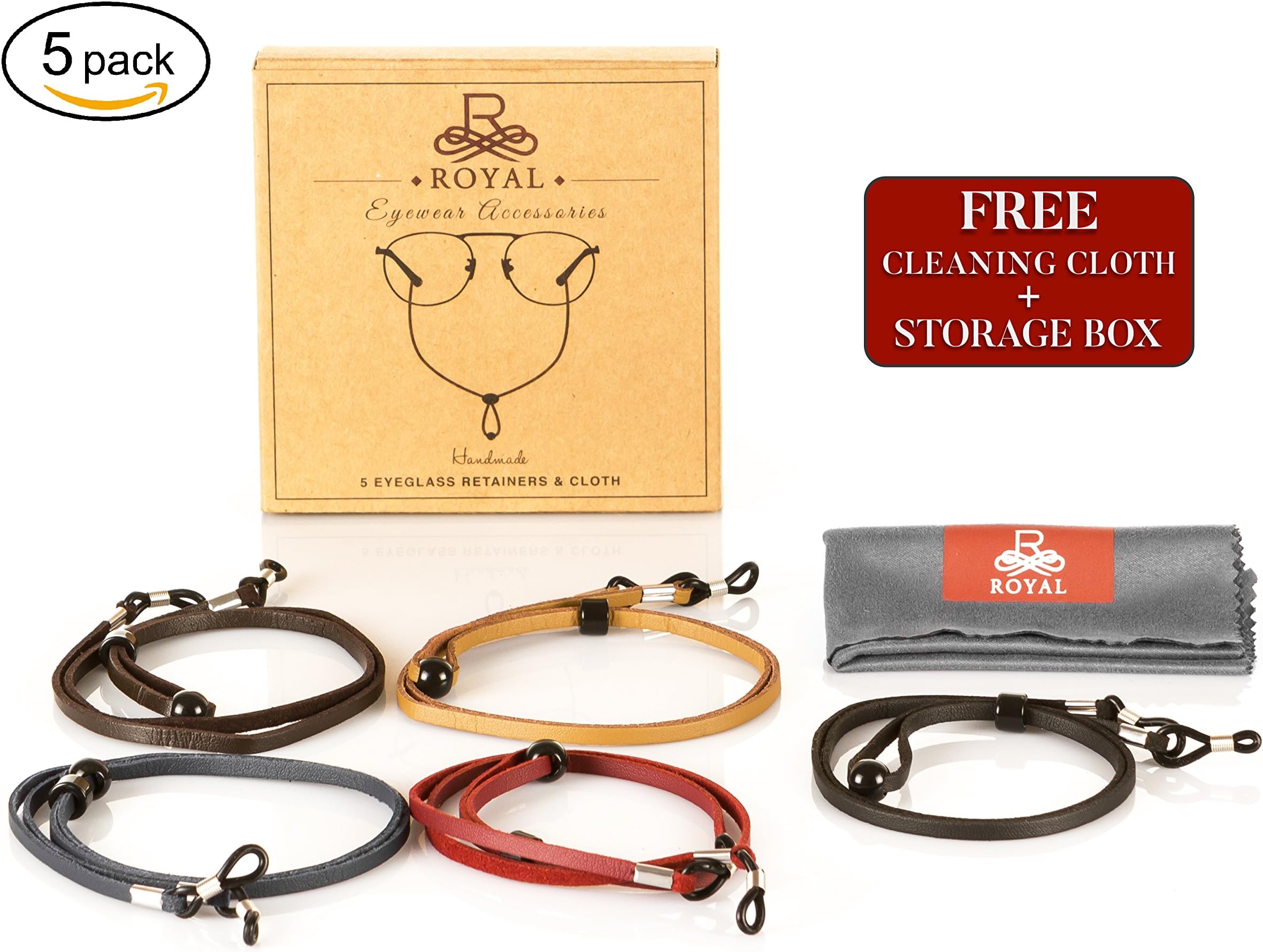 Royal Eyeglasses Holder Strap Cords (5-Pack & Microfibre Cloth) - Premium Eco Leather & Classic Chains Strap Retainer Lanyard Necklace Cord - Non-Slip Loops & Protects Most Eyewear - Best Glasses Hold