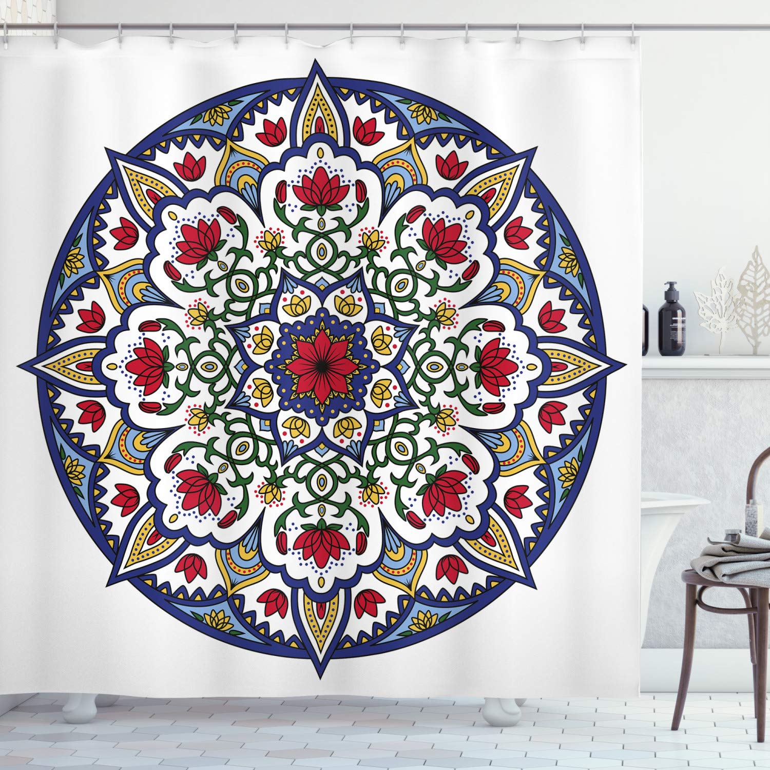 ABAKUHAUS Moroccan Shower Curtain, Mandala Lotus Flowers Eastern Themed Oriental Circular Medallion Traditional, Cloth Fabric Bathroom Decor Set with Hooks, 70 Inches, Green Blue Ruby