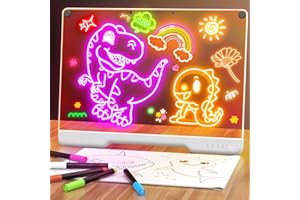 GEOKAY 16-Inch Rechargeable Doodle Glow LED Note Board, 7-Color Light Modes, Neon Art Dry Erase Light Up Drawing Pad with Built-in Stand, Sketching Gift Toy for Kids/Girls/Teens, 5 Markers & Tracing Book