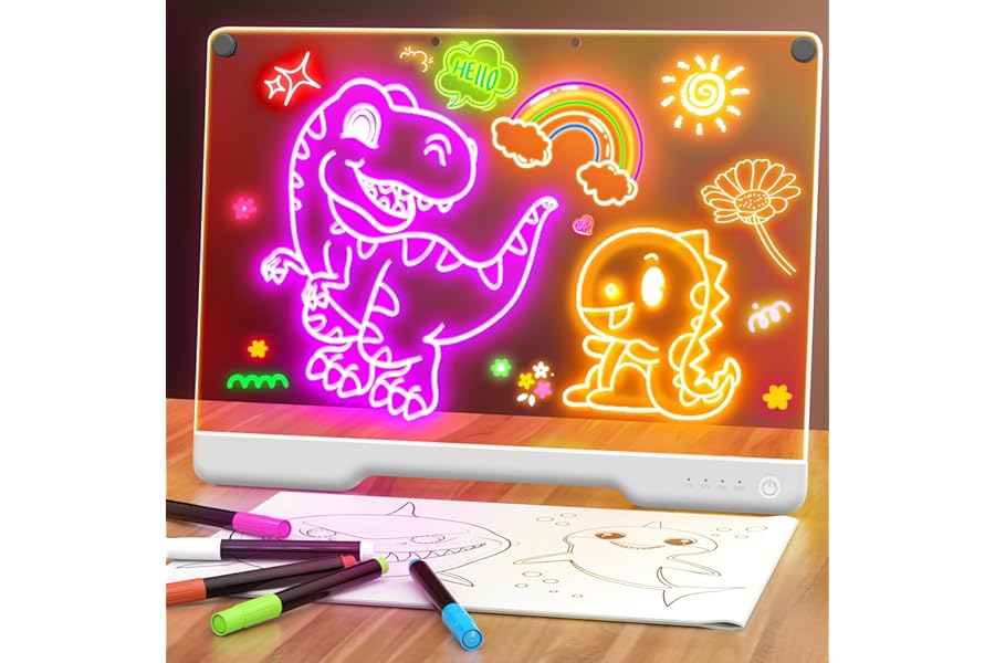 16-Inch Rechargeable LED Drawing Board, 9-Color Light Modes, Neon Art Dry Erase Light Up Doodle Glow Pad with Built-in Stand, Sketching Gift Toy for Kids/Girls/Teens, 7 Markers & Tracing Book