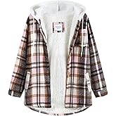 Veusna Women's Plaid Flannel Plaid Shacket Button Up Hooded Long Sleeve Fleece Jacket Winter Coat with Side Pockets