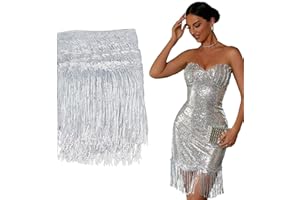 letsinstyle 10 Yards Silver Sequins Fringe Trim, Sparkly Sequined Tassel Ribbon, Latin Dress Stage Clothes Sew on Trimming fo