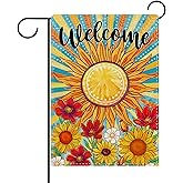 Dyrenson Welcome Spring Summer Sunflower Decorative Garden Flag, Colorful Poppy Daisy Flower Yard Outside Home Decoration, Floral Seasonal Burlap Outdoor Small Decor Double Sided 12 x 18