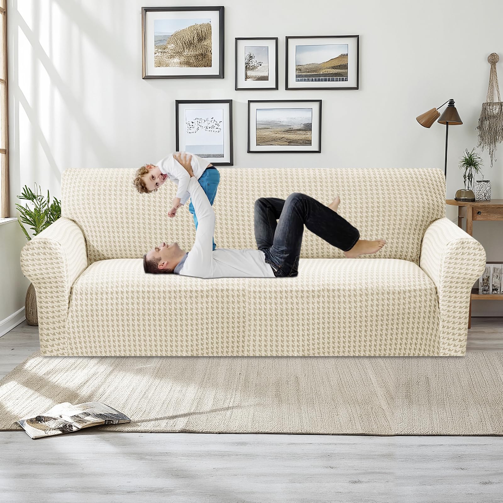 Photo 1 of MAXIJIN Stretch Couch Cover Sofa Covers for 3 Cushion Couch (71"-91" Washable Sofa Slipcovers with Non-Slip Foam & Elastic Strap, Dog Cat Pet Friendly Furniture Protector (Large, Beige)