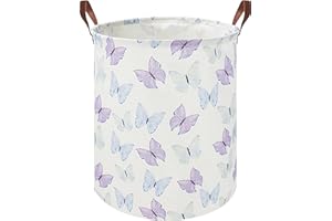 HKEC 19.7" Butterfly Laundry Basket,Kids Dirty Clothes Hamper,Waterproof Toys Storage Bin,Room Decor,Gift Baskets,Baby Nursery Hamper(Blue & Purple Butterfly)