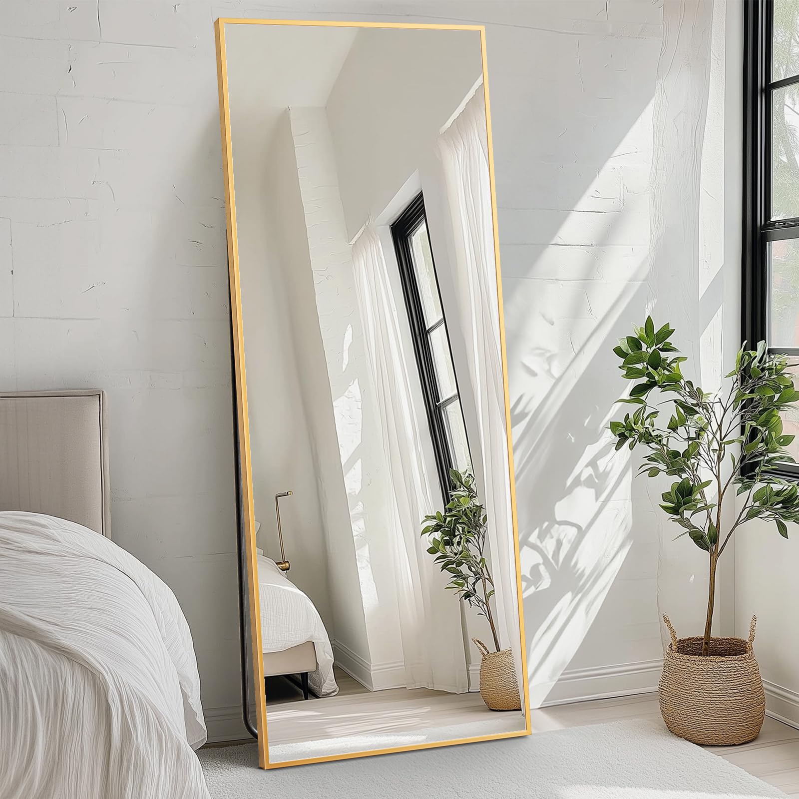 OLIXIS Full Length Mirror 71.1"x25.5" for Bedroom, Full Body Mirror with Stand, Hanging or Leaning for Wall, Aluminum Alloy Thin Frame Floor Standing for Living Room, Long, Classical Gold Image