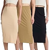 Real Essentials 3 Pack: Women's Midi Ribbed Knit Skirt with Side Slit - Stretchy Work Business Casual Pencil Pull-On Skirts
