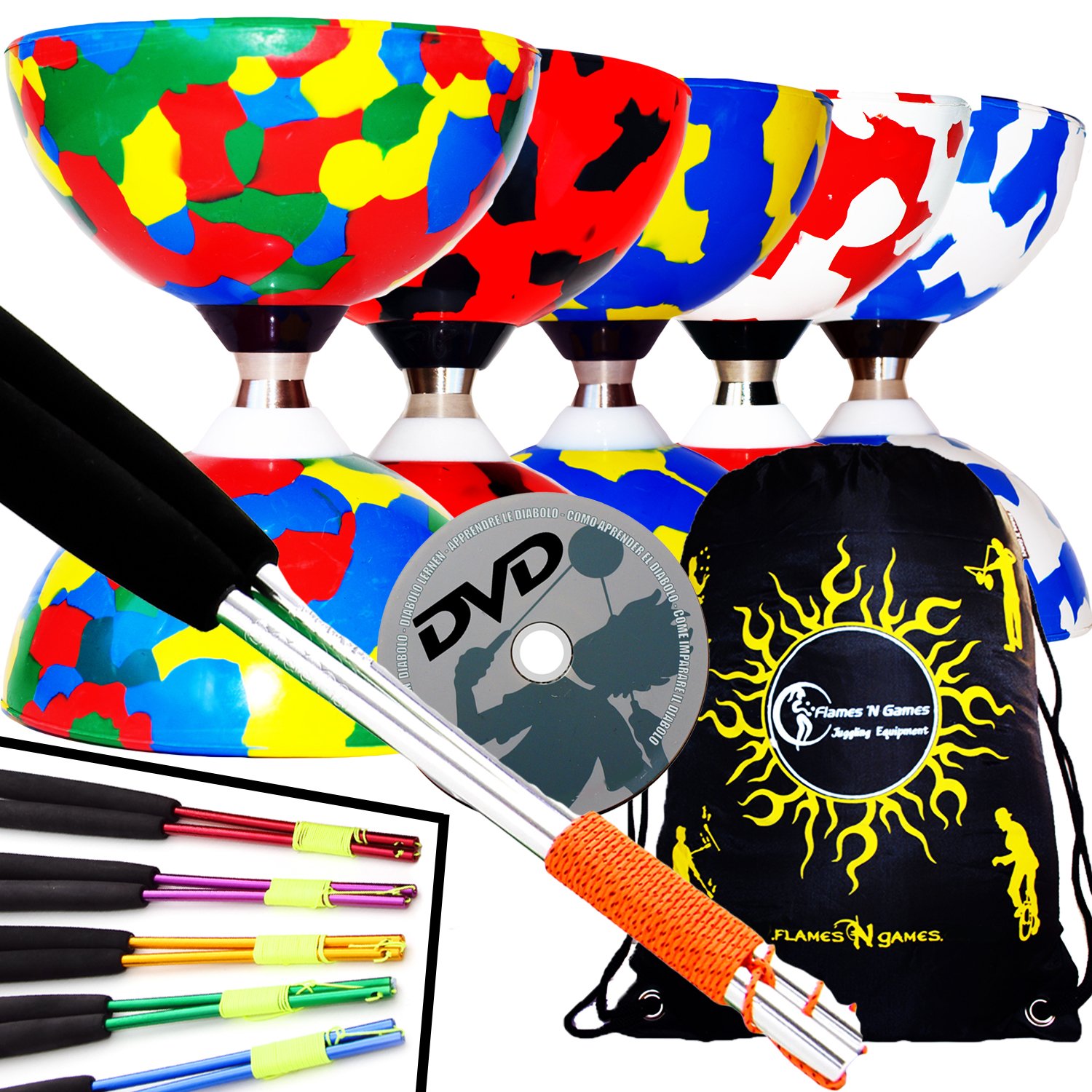 Juggle Dream JESTER Ball Bearing Diabolo Pro Set + Metal Diabolo Handsticks, Diablo String, Diabolo Tricks DVD + Diabolos Travel Bag. (Black/Red Diabolo + Red Handsticks)