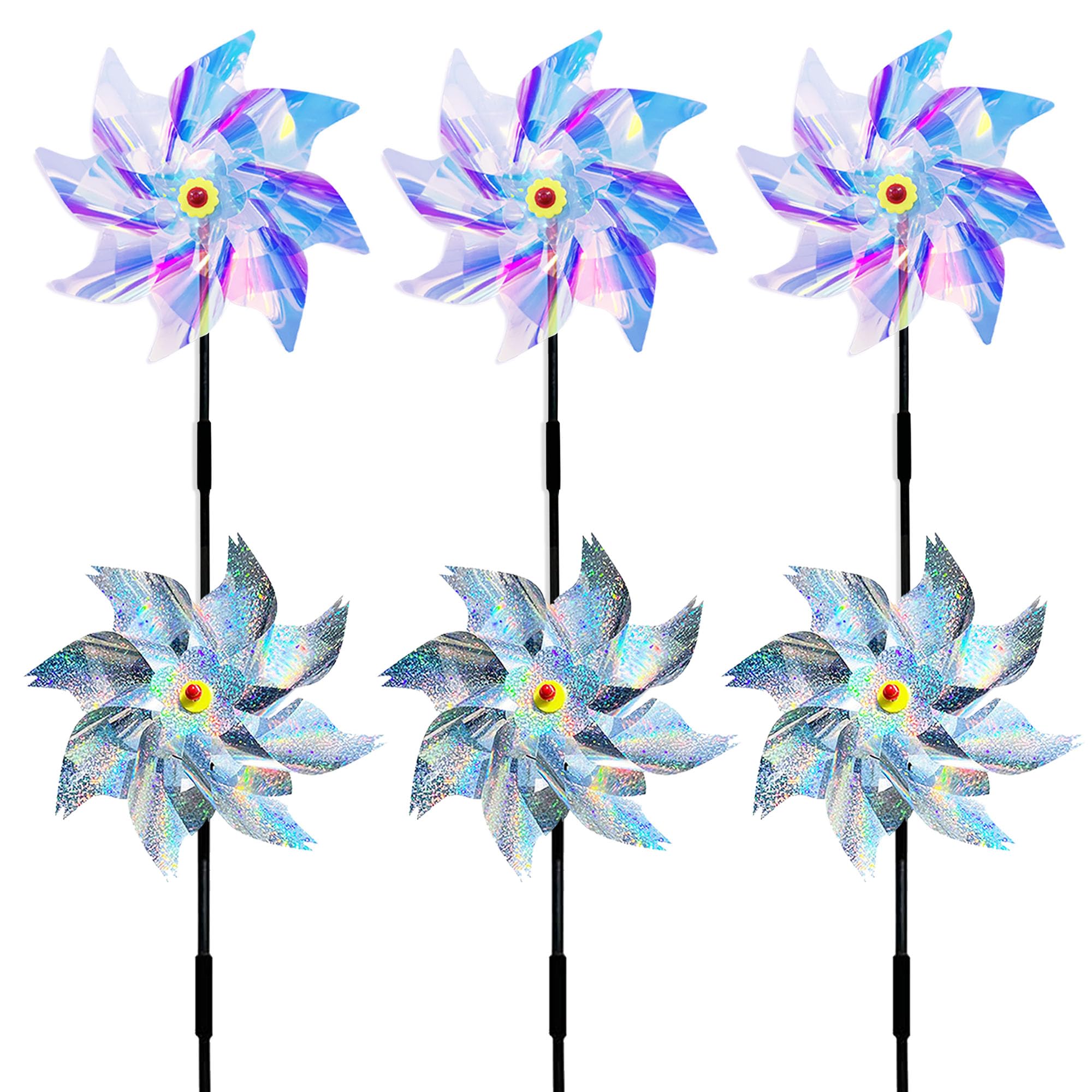 Yitla 6PCS Bird Scarers Windmills For Garden,Multicolour Reflective Bird Deterrent Windmill Pigeon Deterrent Windmills for Garden Windmills for Children (3Pcs Silver+ 3Pcs Transparent)