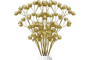 FlyingMage Large Gold Artificial Glitter Berries Stems Clearance, 17.71" Big Christmas Picks Ornaments for Christmas Tree Decorations Indoor Wedding DIY Xmas Wreaths Vase Table Centerpieces Decor